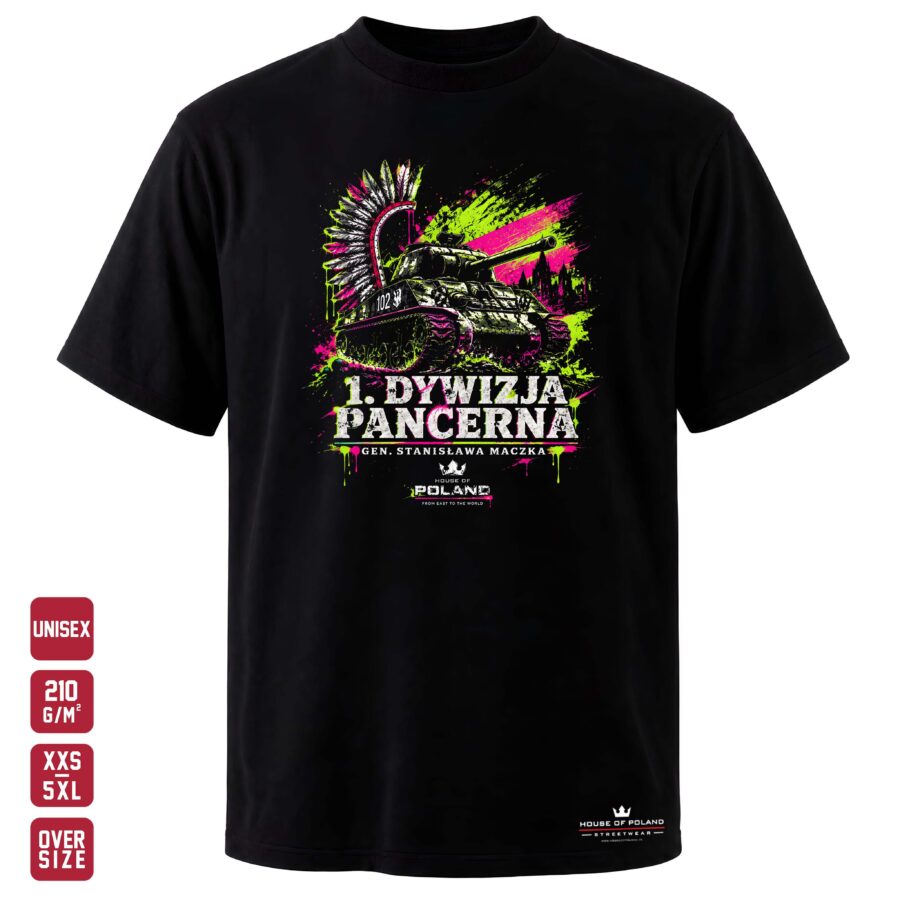 Czarna koszulka unisex 1. Dywizja Pancerna — Gen. Stanisława Maczka — House of Poland, Oversize 210 g/m²