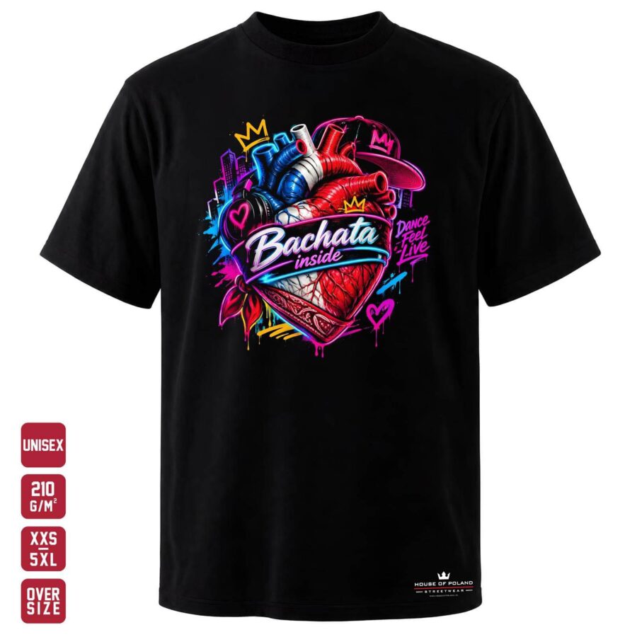 Koszulka Bachata Inside: czarna koszulka unisex z nadrukiem, OVERSIZE 210 g/m²
