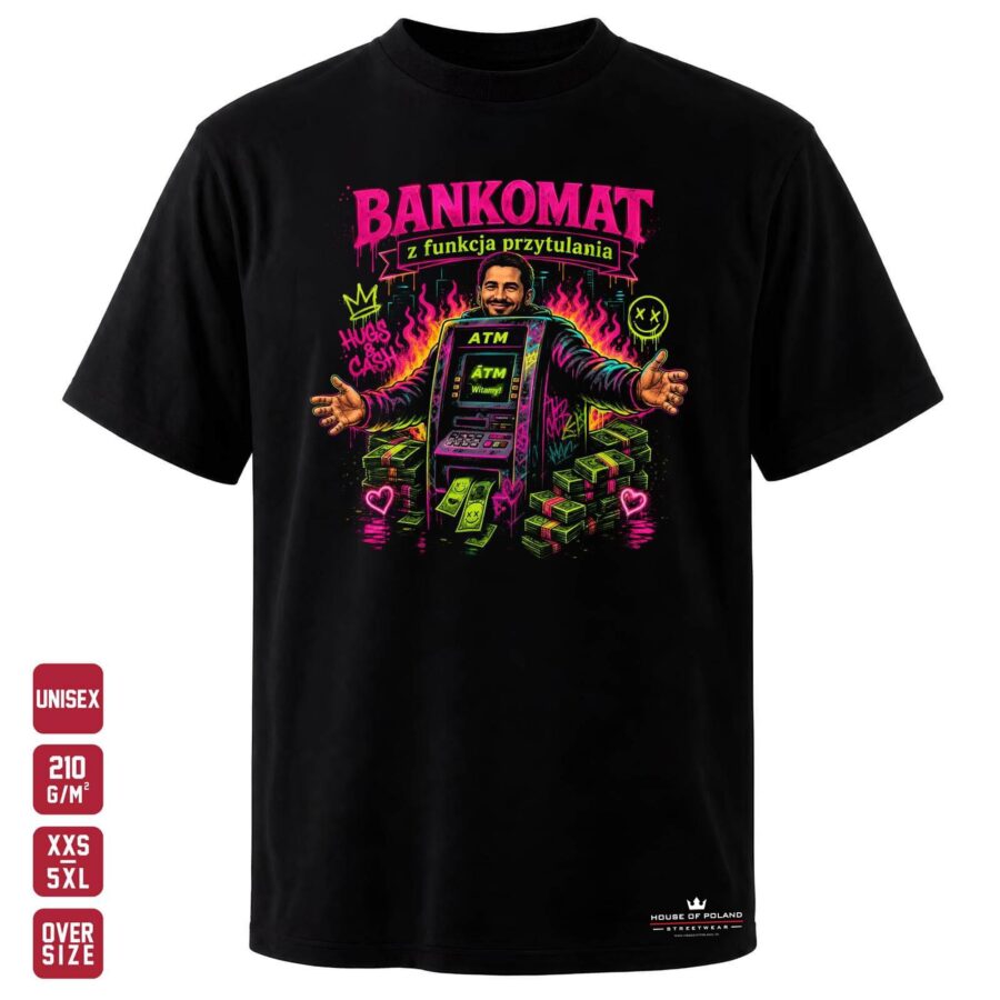 Czarna koszulka unisex OVERSIZE 210 g/m²: Bankomat z funkcją przytulania. Humor, neonowe serca i szeroko otwarte ramiona.