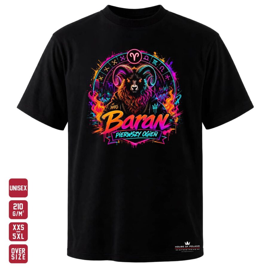 Czarna koszulka unisex OVERSIZE 210 g/m²: Baran: Pierwszy ogień. Baran w neonowym, ulicznym wydaniu.