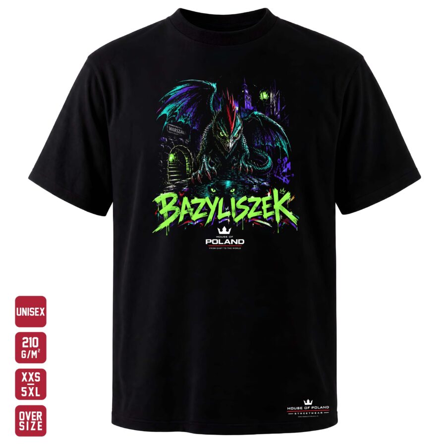 Czarna koszulka unisex Bazyliszek — Neonowa legenda — House of Poland, Oversize 210 g/m²