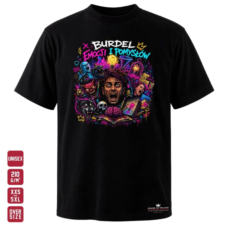 Czarna koszulka unisex OVERSIZE 210 g/m²: Burdel emocji i pomysłów. Twórczy chaos zamknięty w jednej grafice.