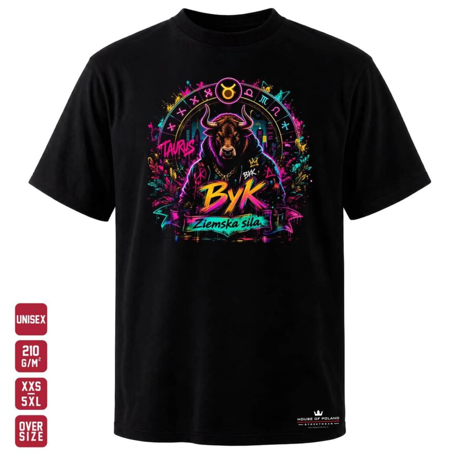 Czarna koszulka unisex OVERSIZE 210 g/m²: Byk: Ziemska siła. Zodiakalny Byk z mocnym graficznym akcentem.
