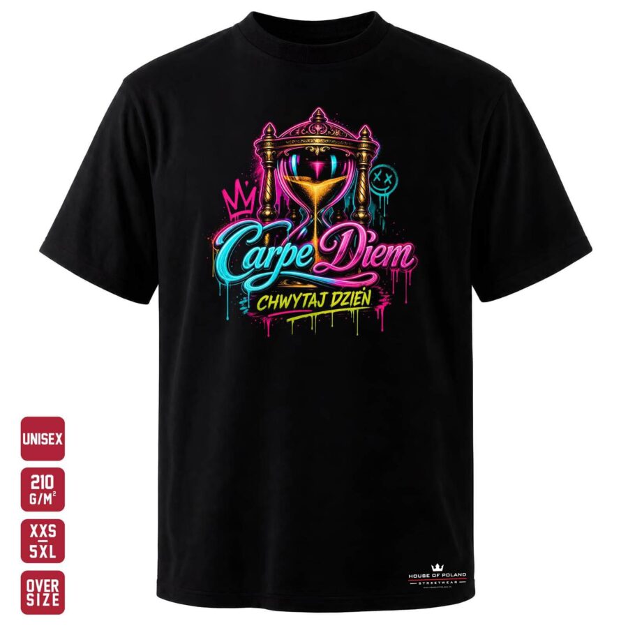 Koszulka Carpe Diem: Chwytaj dzień: czarna koszulka unisex z nadrukiem, OVERSIZE 210 g/m²