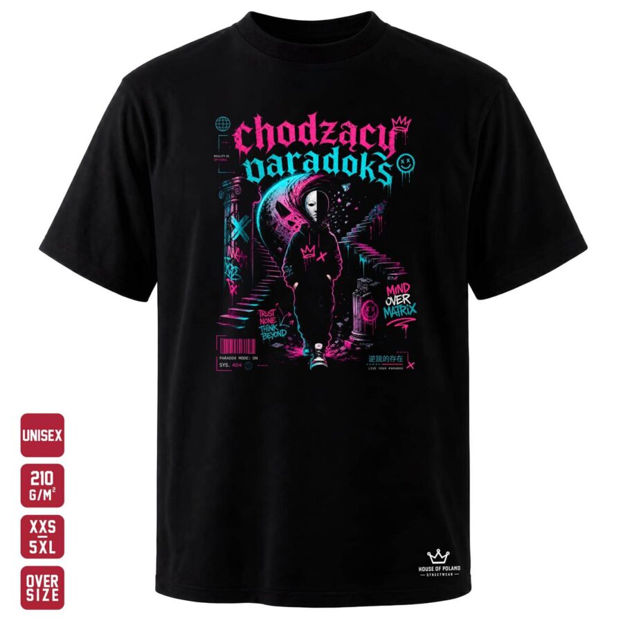 Czarna koszulka unisex OVERSIZE 210 g/m²: Chodzący paradoks. Sprzeczności, które tworzą własny styl.