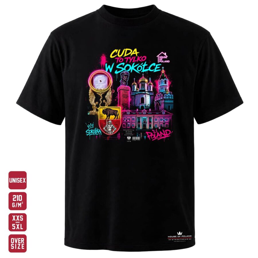 Koszulka Cuda to tylko w Sokółce: czarna koszulka unisex z nadrukiem, OVERSIZE 210 g/m²