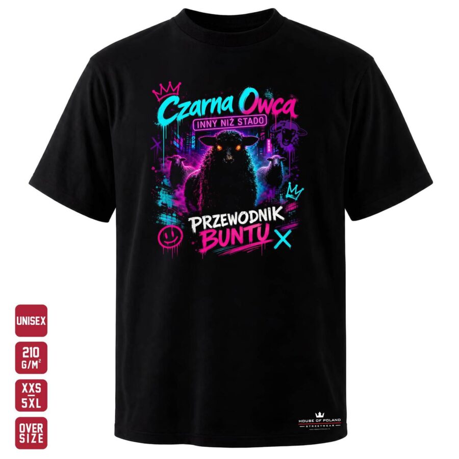 Koszulka Czarna owca: Przewodnik buntu: czarna koszulka unisex z nadrukiem, OVERSIZE 210 g/m²
