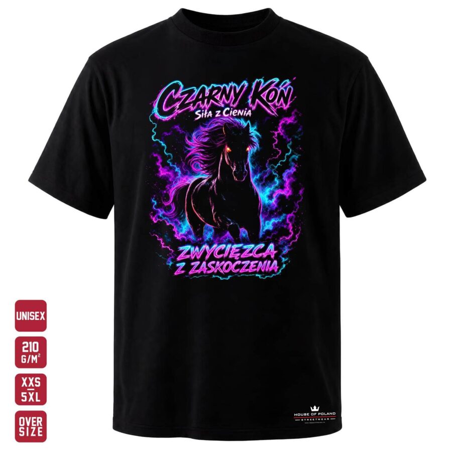 Koszulka Czarny koń: Zwycięzca z zaskoczenia: czarna koszulka unisex z nadrukiem, OVERSIZE 210 g/m²