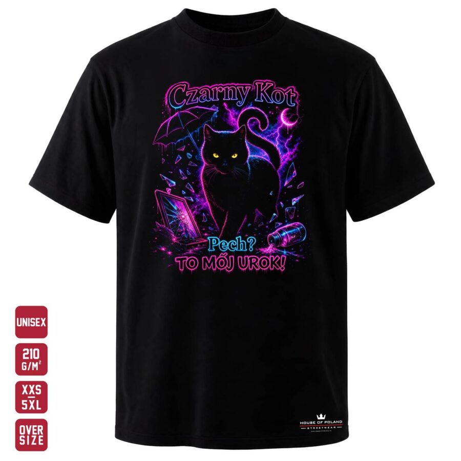 Koszulka Czarny kot: Pech to mój urok: czarna koszulka unisex z nadrukiem, OVERSIZE 210 g/m²