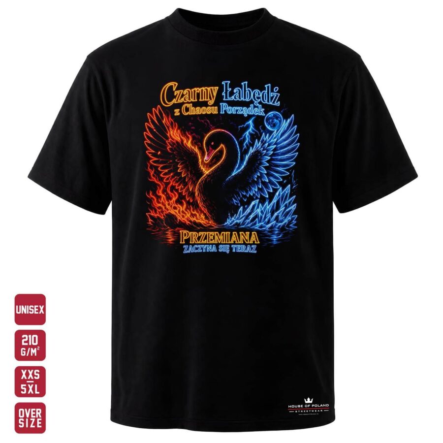 Koszulka Czarny łabędź: Z chaosu porządek: czarna koszulka unisex z nadrukiem, OVERSIZE 210 g/m²