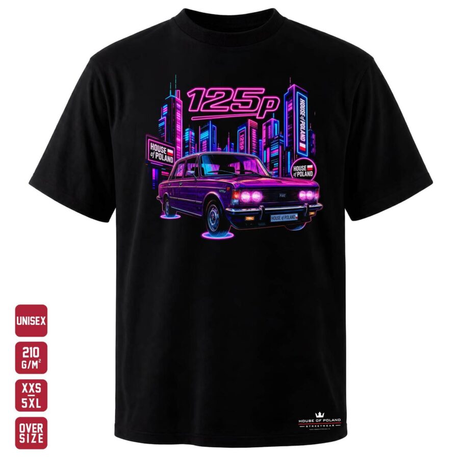 Koszulka Duży Fiat 125p: czarna koszulka unisex z nadrukiem, OVERSIZE 210 g/m²