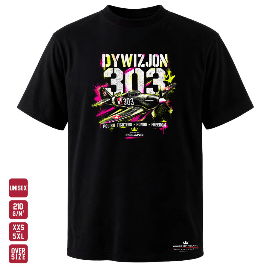 Czarna koszulka unisex Dywizjon 303 — Polish Fighters, Honor, Freedom — House of Poland, Oversize 210 g/m²