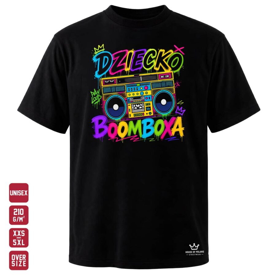 Czarna koszulka unisex OVERSIZE 210 g/m²: Dziecko boomboxa. Dla tych, których styl ma własny rytm.