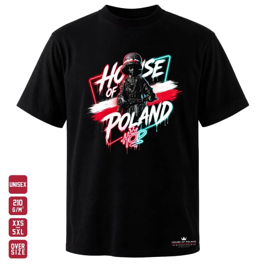 Koszulka Dziecko żołnierz: Biało-czerwony motyw: czarna koszulka unisex z nadrukiem, OVERSIZE 210 g/m²