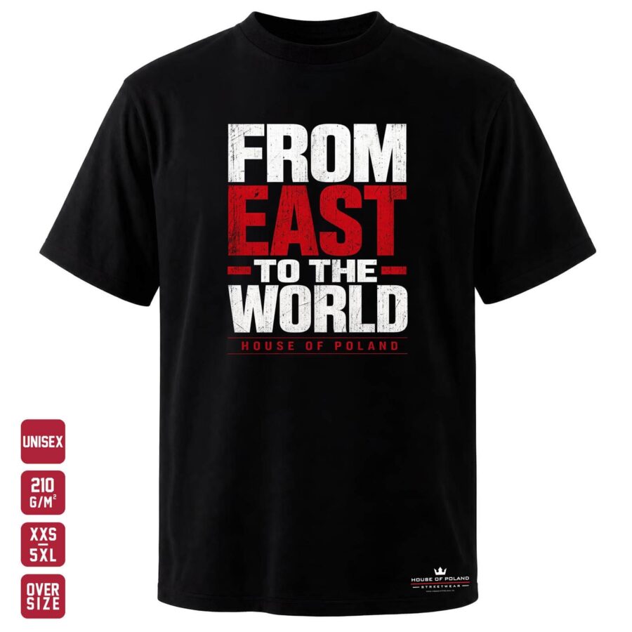 Czarna koszulka unisex OVERSIZE 210 g/m²: From East to the World. Wyrazista typografia i polskie barwy.