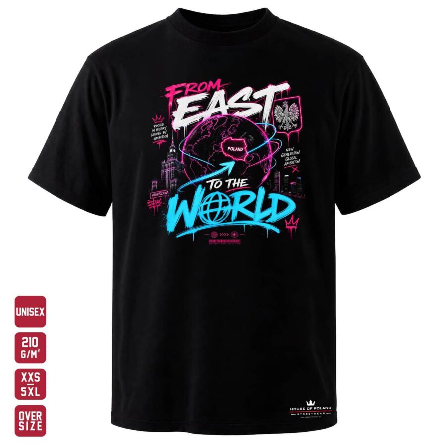 Koszulka From East to the World: Graffiti: czarna koszulka unisex z nadrukiem, OVERSIZE 210 g/m²