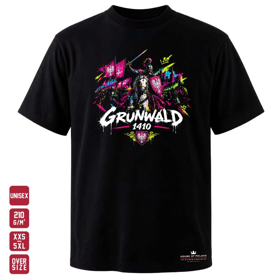 Czarna koszulka unisex Grunwald 1410 — Neon — House of Poland, Oversize 210 g/m²