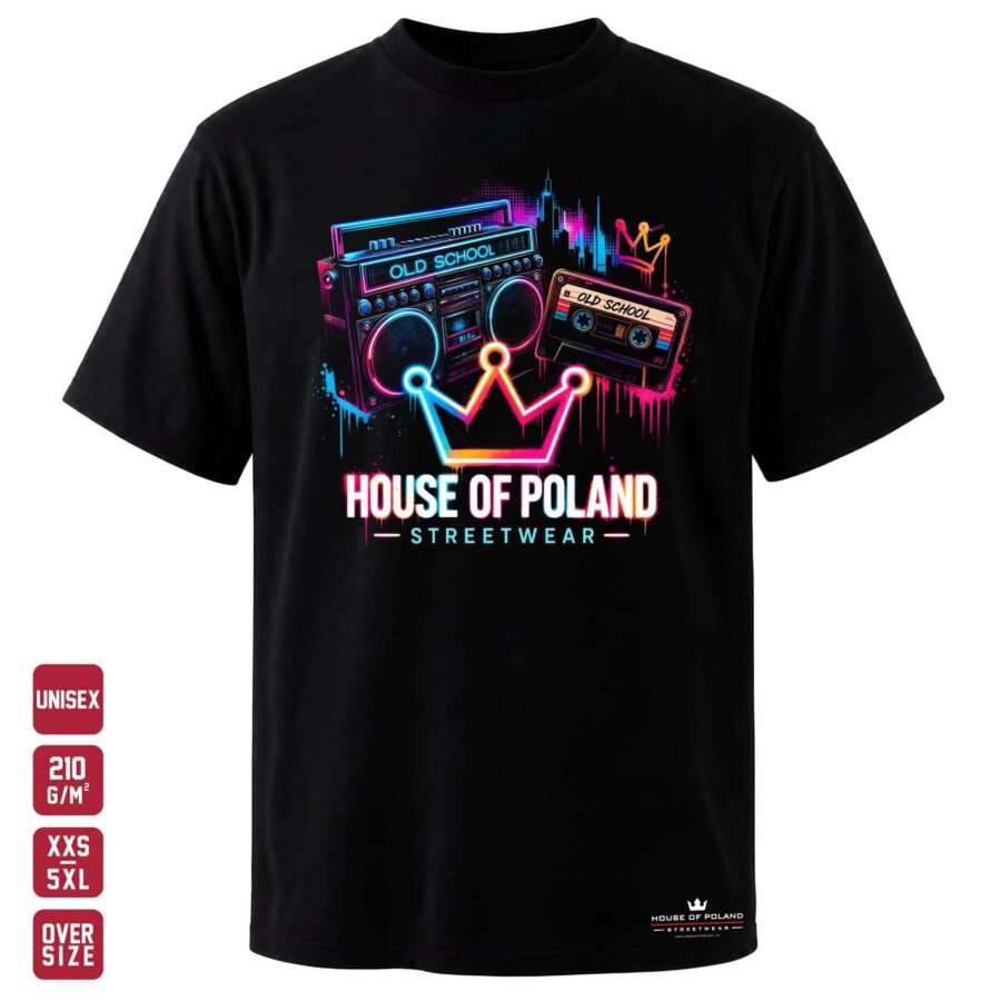 Koszulka HOP Streetwear: Old School: czarna koszulka unisex z nadrukiem, OVERSIZE 210 g/m²