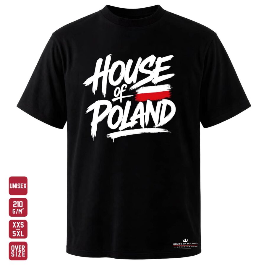 Czarna koszulka unisex OVERSIZE 210 g/m²: House of Poland: Biało-czerwony podpis. Polskie barwy pomiędzy białymi literami.
