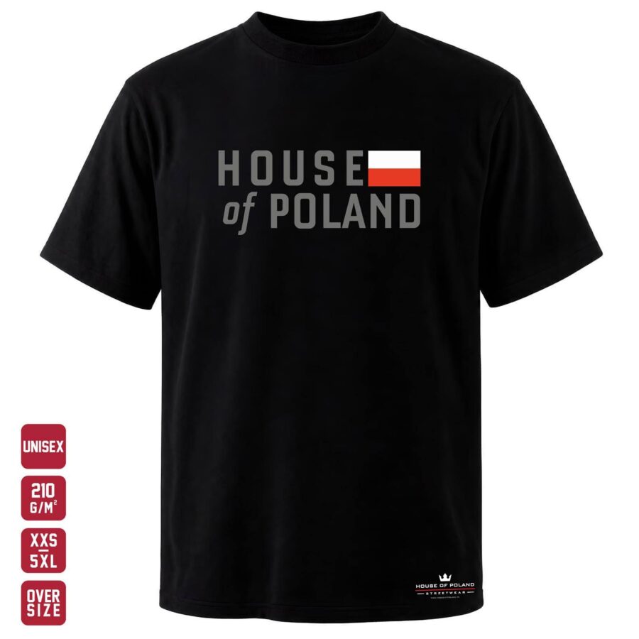 Czarna koszulka unisex OVERSIZE 210 g/m²: House of Poland Classic. Klasyczny znak marki z biało-czerwonym detalem.