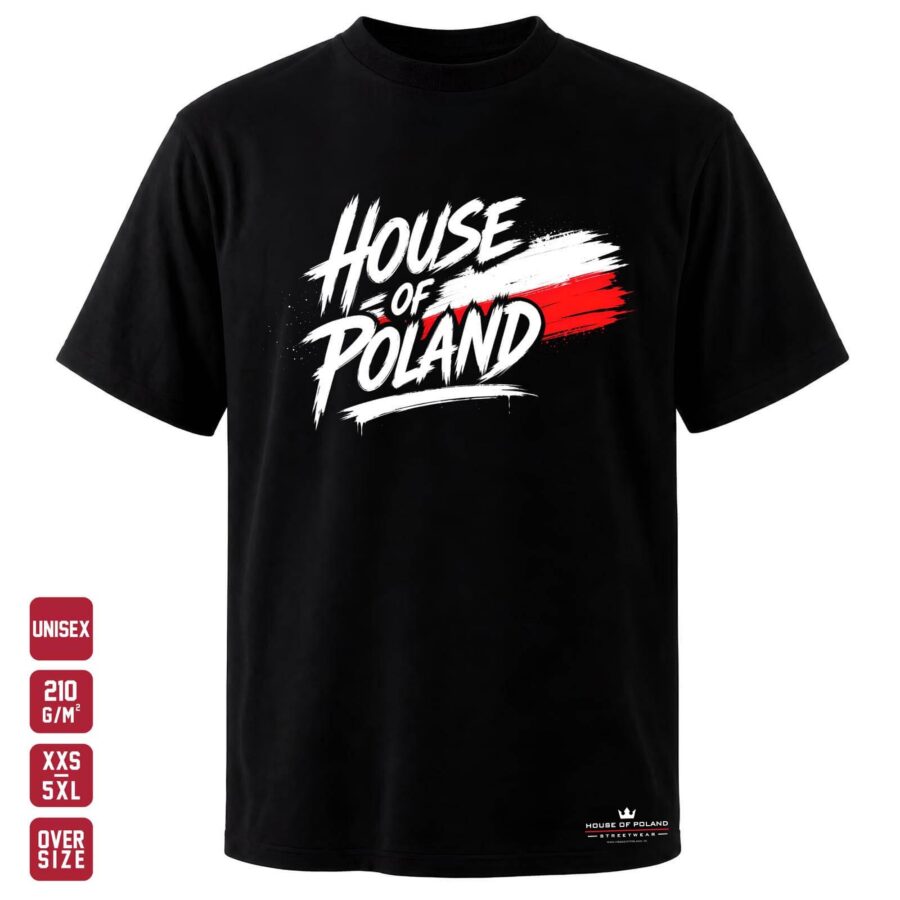 Czarna koszulka unisex OVERSIZE 210 g/m²: House of Poland Street. Duży napis i szeroki gest pędzla.