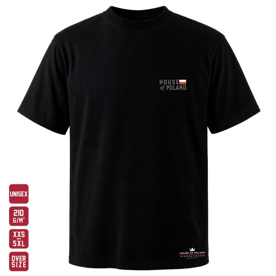 Czarna koszulka unisex OVERSIZE 210 g/m²: House of Poland Minimal. Mały znak marki na co dzień.