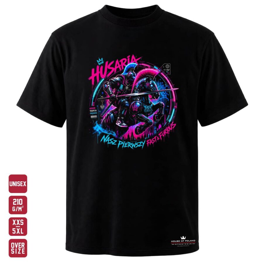 Koszulka Husaria: Nasz pierwszy Fast & Furious: czarna koszulka unisex z nadrukiem, OVERSIZE 210 g/m²