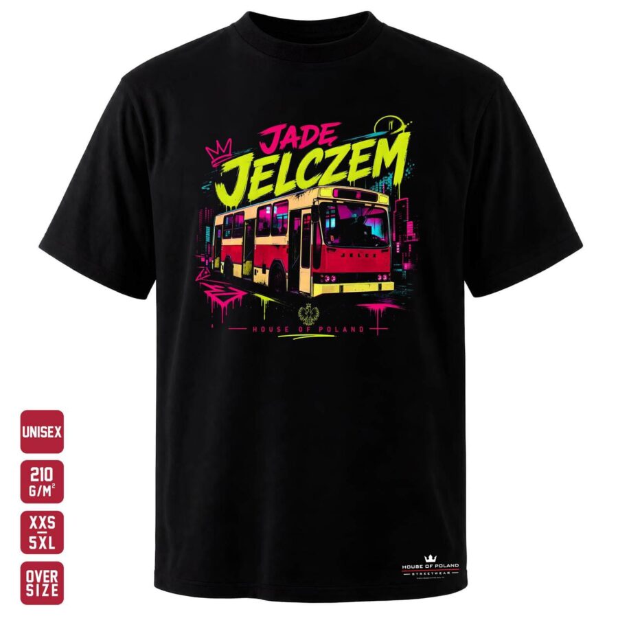 Koszulka Jadę Jelczem: czarna koszulka unisex z nadrukiem, OVERSIZE 210 g/m²