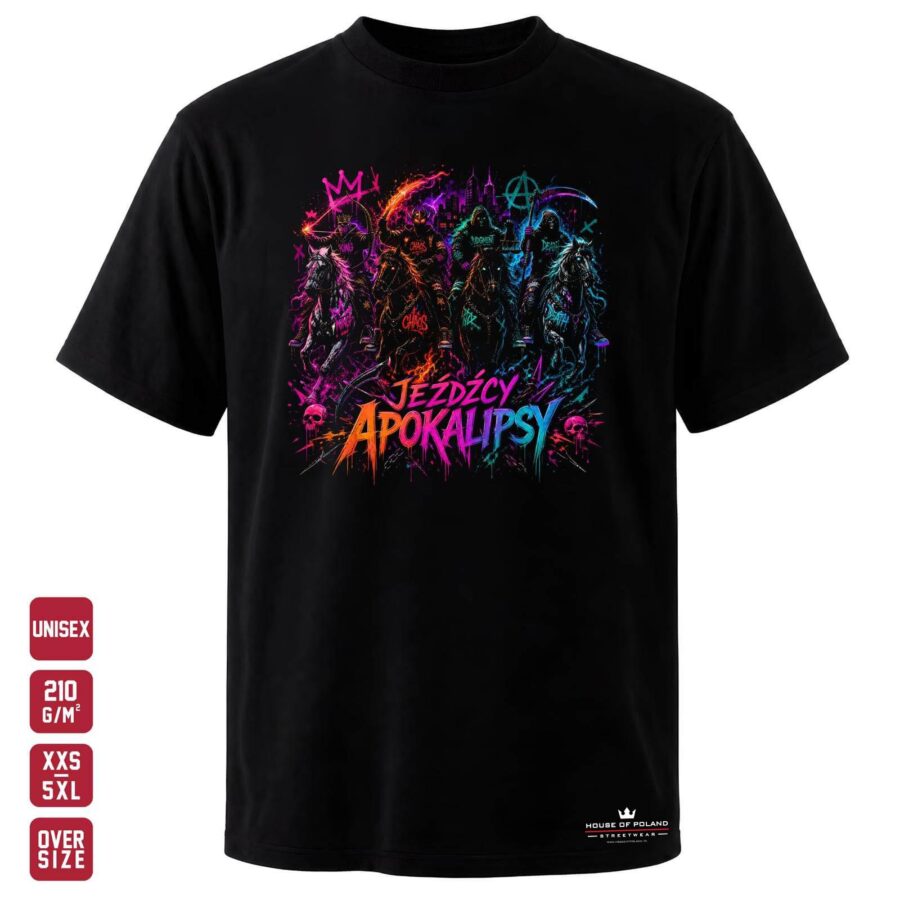 Koszulka Jeźdźcy apokalipsy: czarna koszulka unisex z nadrukiem, OVERSIZE 210 g/m²