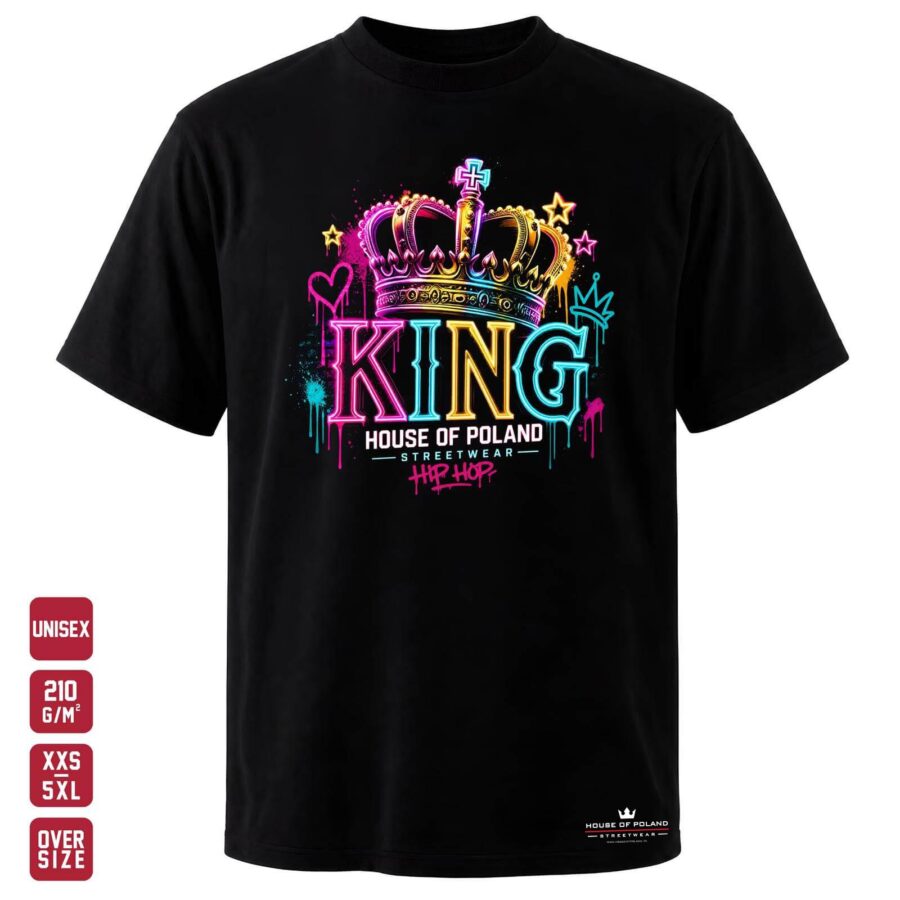 Czarna koszulka unisex OVERSIZE 210 g/m²: King: Neonowa korona. Królewski motyw w neonowym kolorze.