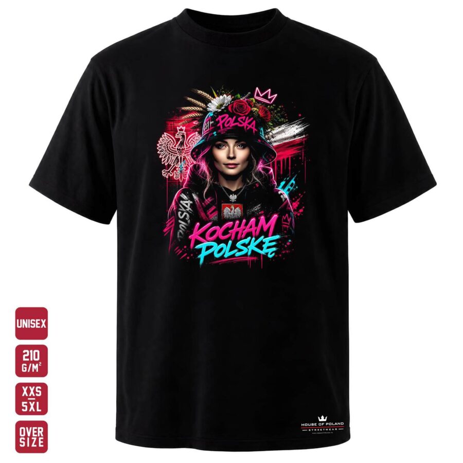 Koszulka Kocham Polskę: czarna koszulka unisex z nadrukiem, OVERSIZE 210 g/m²