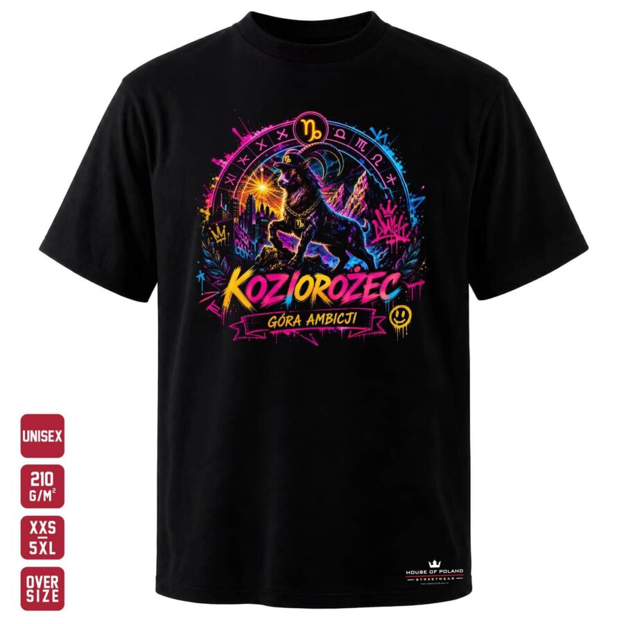 Czarna koszulka unisex OVERSIZE 210 g/m²: Koziorożec: Góra ambicji. Górski motyw spotyka neonowe miasto.