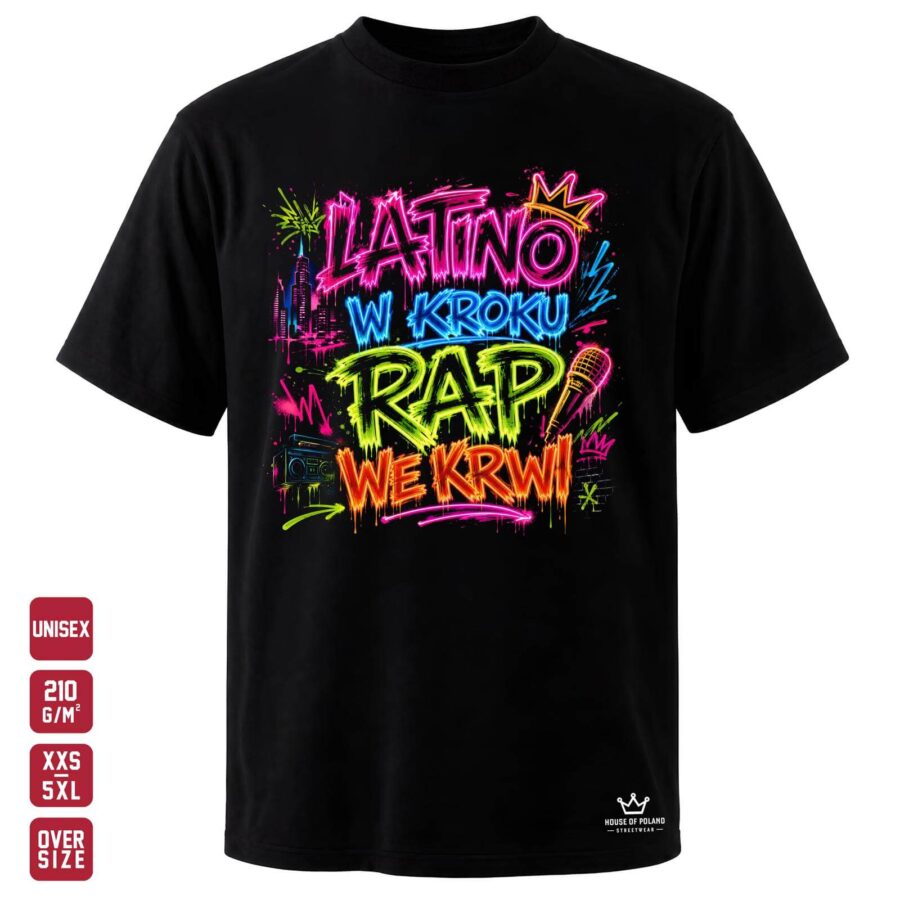 Czarna koszulka unisex OVERSIZE 210 g/m²: Latino w kroku, rap we krwi. Dwa muzyczne światy w jednym wzorze.