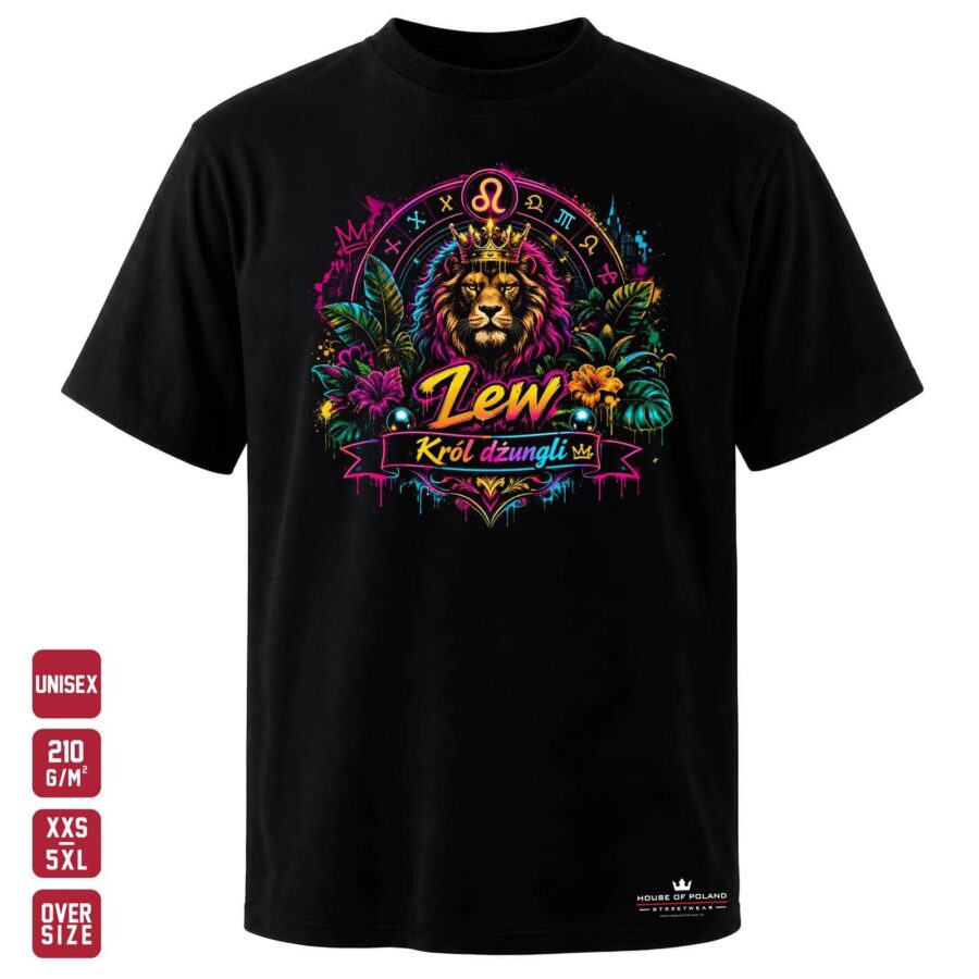 Czarna koszulka unisex OVERSIZE 210 g/m²: Lew: Król dżungli. Korona, tropikalne liście i znak Lwa.