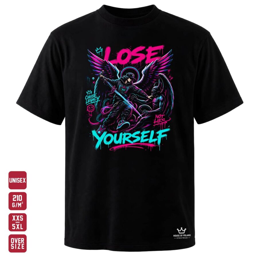 Czarna koszulka unisex OVERSIZE 210 g/m²: Lose Yourself. Fantastyczna scena w neonowym świetle.