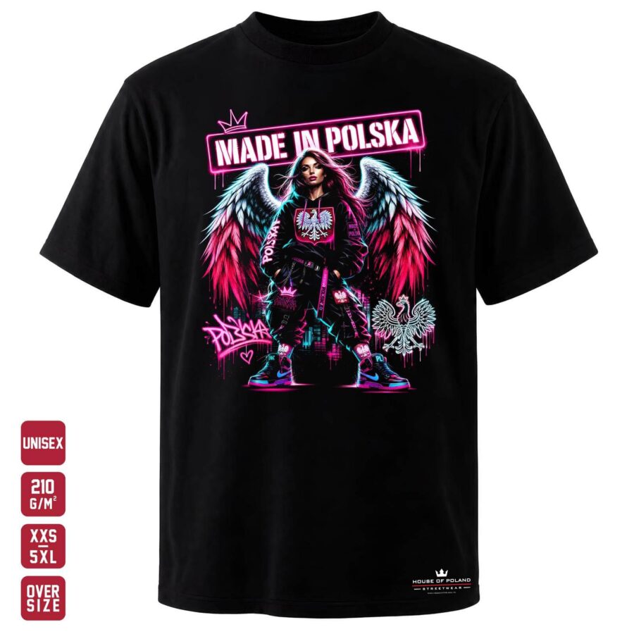 Koszulka Made in Polska: Skrzydła: czarna koszulka unisex z nadrukiem, OVERSIZE 210 g/m²