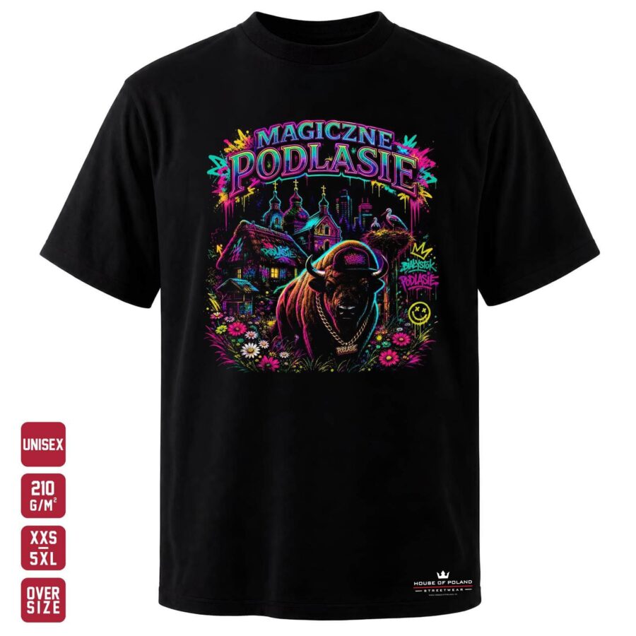 Koszulka Magiczne Podlasie: czarna koszulka unisex z nadrukiem, OVERSIZE 210 g/m²