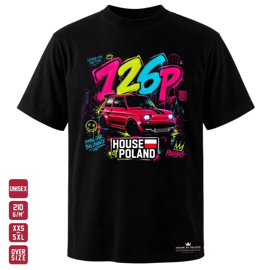 Koszulka Maluch Fiat 126p: czarna koszulka unisex z nadrukiem, OVERSIZE 210 g/m²