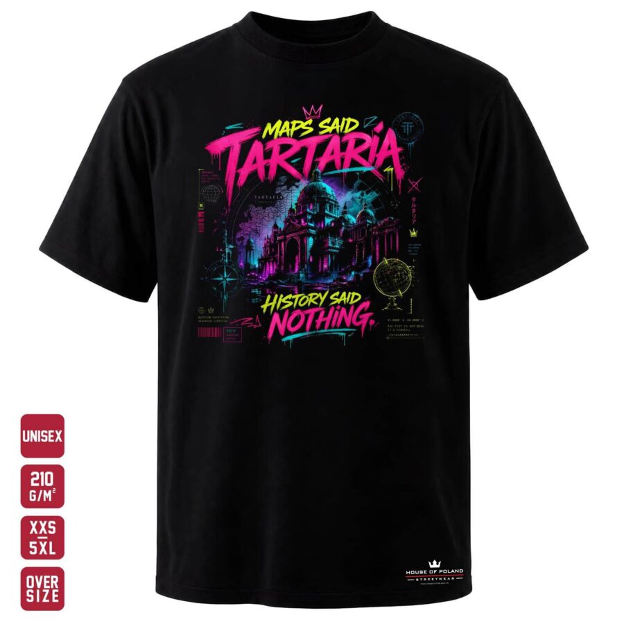 Czarna koszulka unisex OVERSIZE 210 g/m²: Maps Said Tartaria, History Said Nothing. Mapy i architektura jako motyw graficznej zagadki.