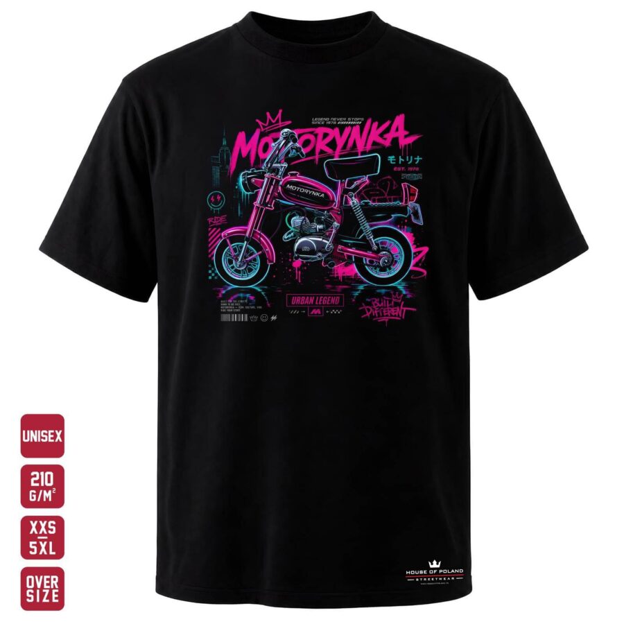 Koszulka Motorynka: Urban Legend: czarna koszulka unisex z nadrukiem, OVERSIZE 210 g/m²