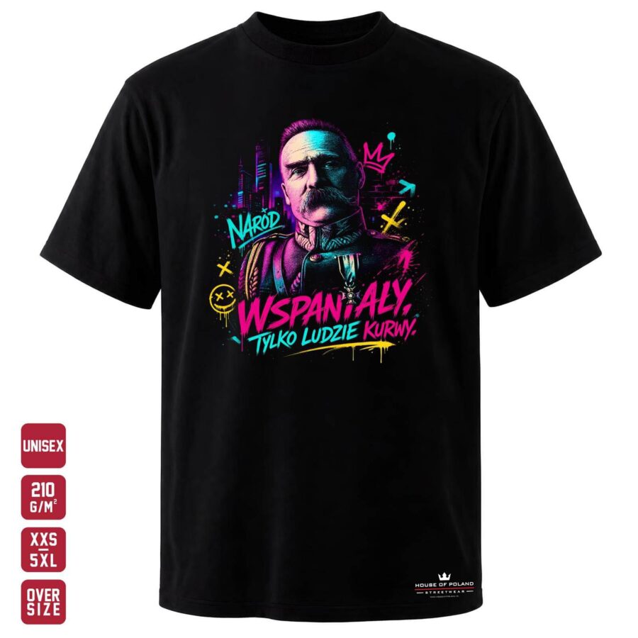 Koszulka Naród wspaniały, tylko ludzie kurwy: czarna koszulka unisex z nadrukiem, OVERSIZE 210 g/m²