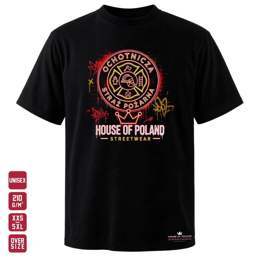 Czarna koszulka unisex OVERSIZE 210 g/m²: Ochotnicza Straż Pożarna: OSP. Strażacki motyw w graficznej oprawie HOP.