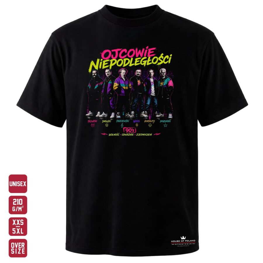 Koszulka Ojcowie niepodległości: 90's: czarna koszulka unisex z nadrukiem, OVERSIZE 210 g/m²