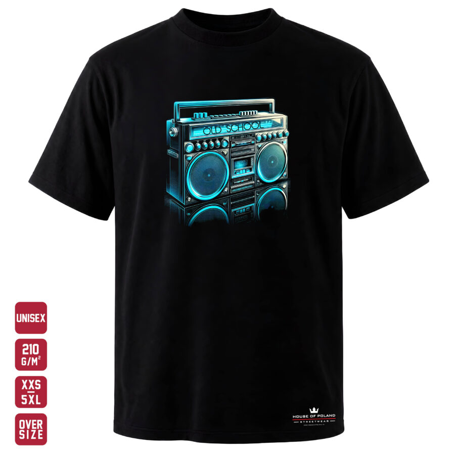 Czarna koszulka unisex Old School — Boombox — House of Poland, Oversize 210 g/m²