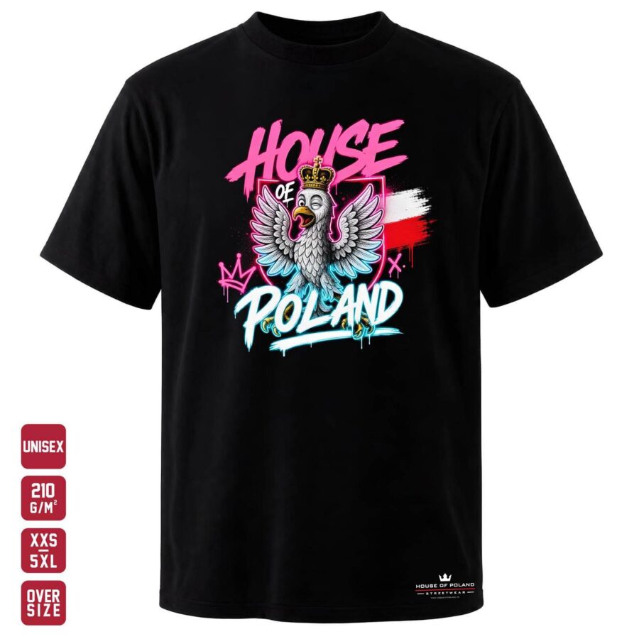 Koszulka Orzeł: House of Poland: czarna koszulka unisex z nadrukiem, OVERSIZE 210 g/m²
