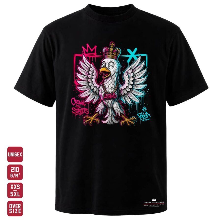 Koszulka Orzeł: Crown the Streets: czarna koszulka unisex z nadrukiem, OVERSIZE 210 g/m²