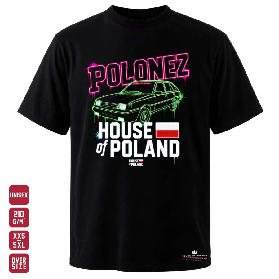 Koszulka Polonez: Neonowy kontur: czarna koszulka unisex z nadrukiem, OVERSIZE 210 g/m²