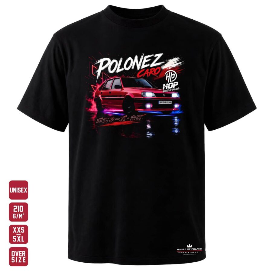 Koszulka Polonez Caro: czarna koszulka unisex z nadrukiem, OVERSIZE 210 g/m²