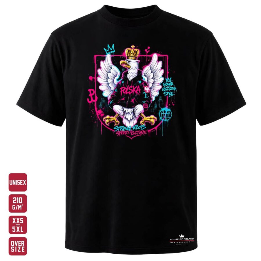 Koszulka Polska: Strong Roots, Street Culture: czarna koszulka unisex z nadrukiem, OVERSIZE 210 g/m²