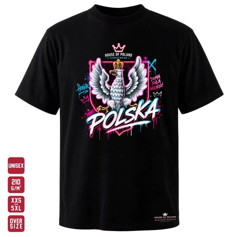 Koszulka Polska: Honor, siła, wolność: czarna koszulka unisex z nadrukiem, OVERSIZE 210 g/m²